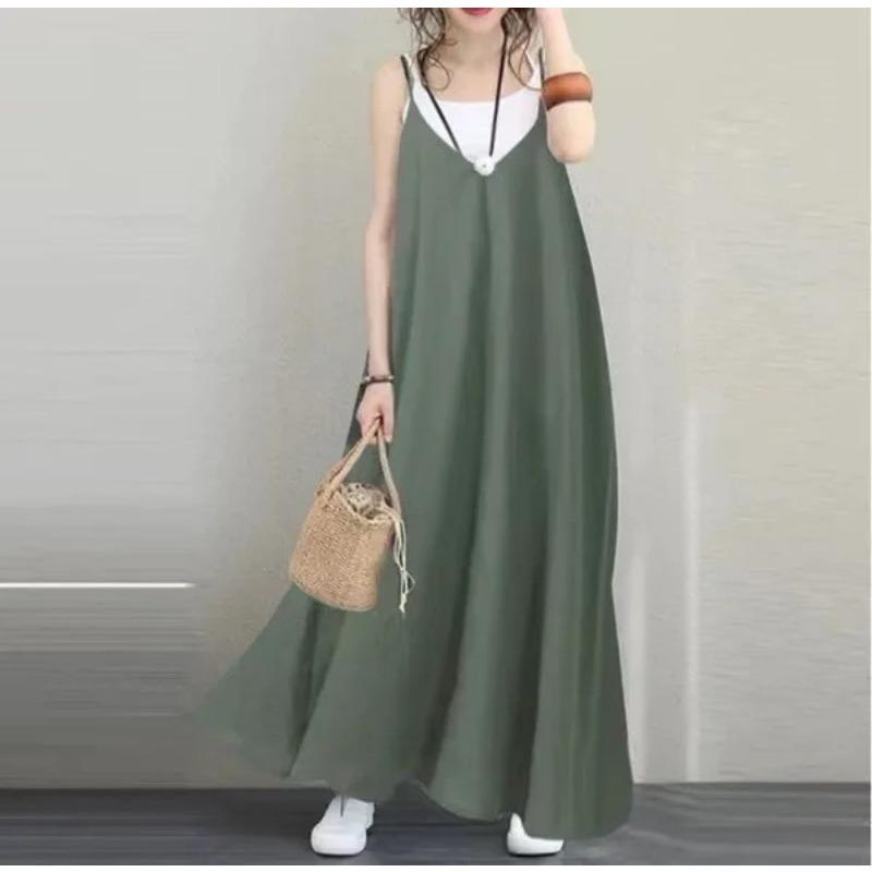 IHUASU Fashion Summer Spring Solid Color Print Sleeveless V-Neck Casual Dresses
