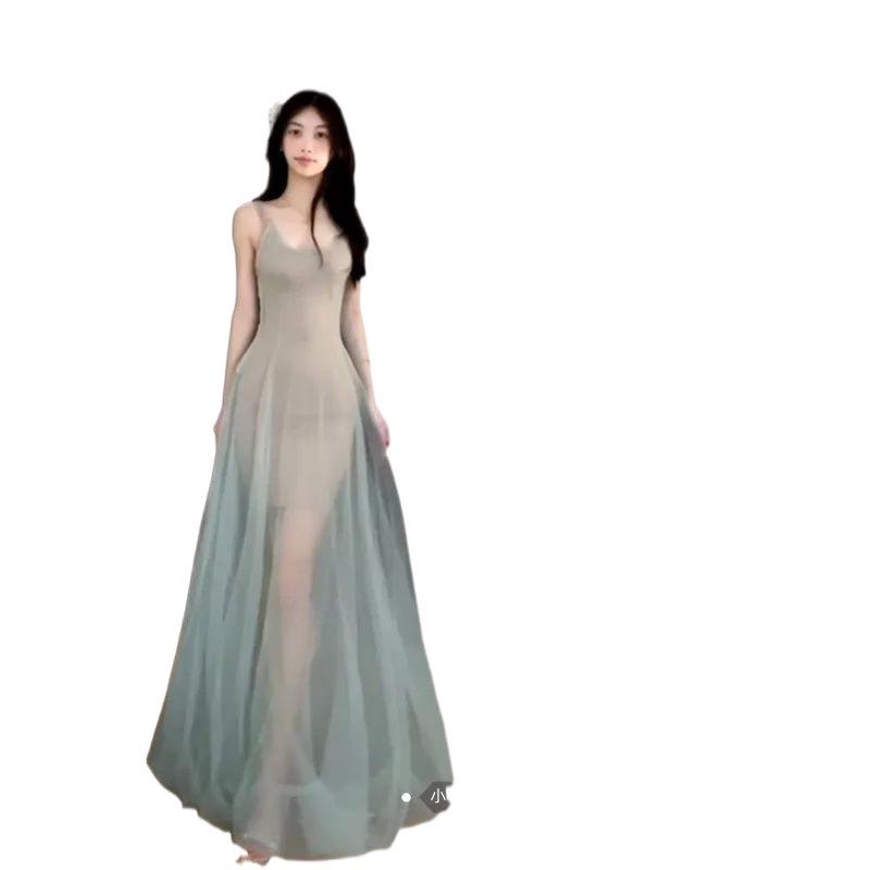 Elegant Summer Spaghetti Strap Dress: Slimming, Color-Blocked Mesh Design for a Unique, Sophisticated Look