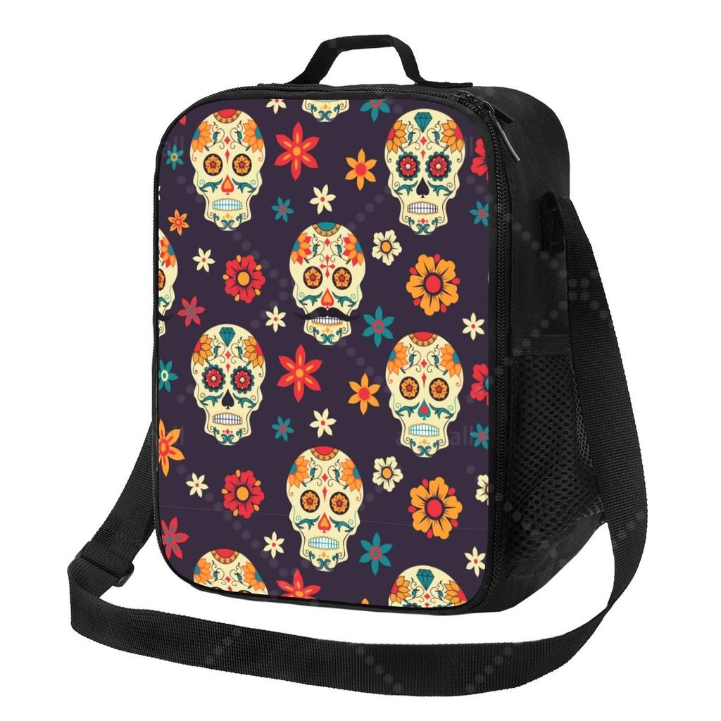 Mexican Skull Rose Lunch Bag with Adjustable Shoulder Strap Reusable Thermal Bento Tote for Work Picnic Beach