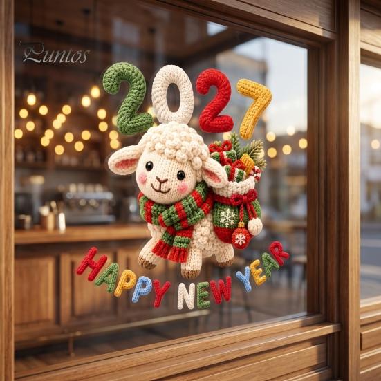 New Year Glass Decals Happy Window Cling, 2027 Crochet Sheep Snowflake Holiday Decor Sticker Glas Sticker, Reusable Christmas Decoration Static Decal