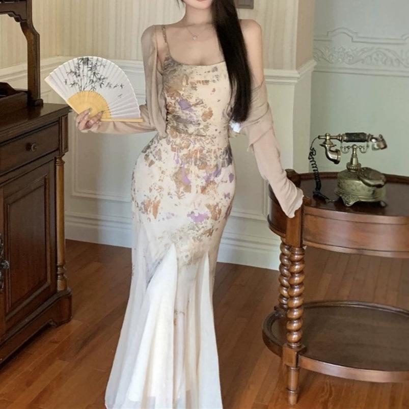 Mesh splicing square neck tie-dye suspender slim-fitting dress for women's Xia Yujie style temperament waist-wrapped buttocks fishtail dress