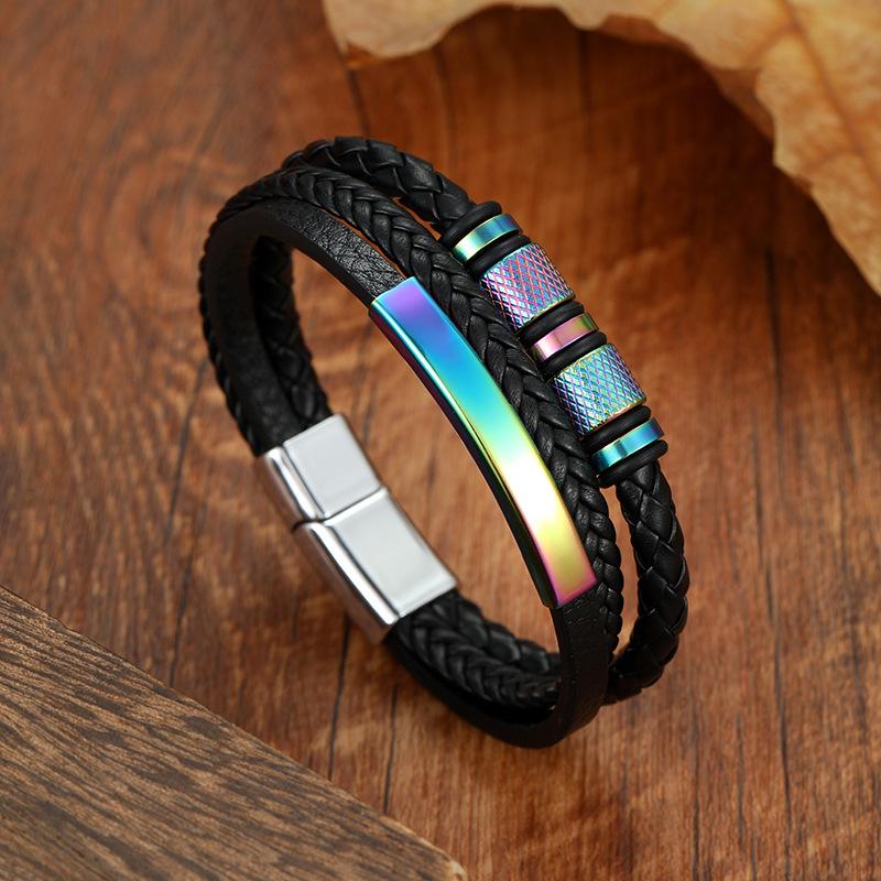 Многослойный плетеный кожаный браслет для мужчин с цветной магнитной застежкой. Модный и персонализированный дизайн.