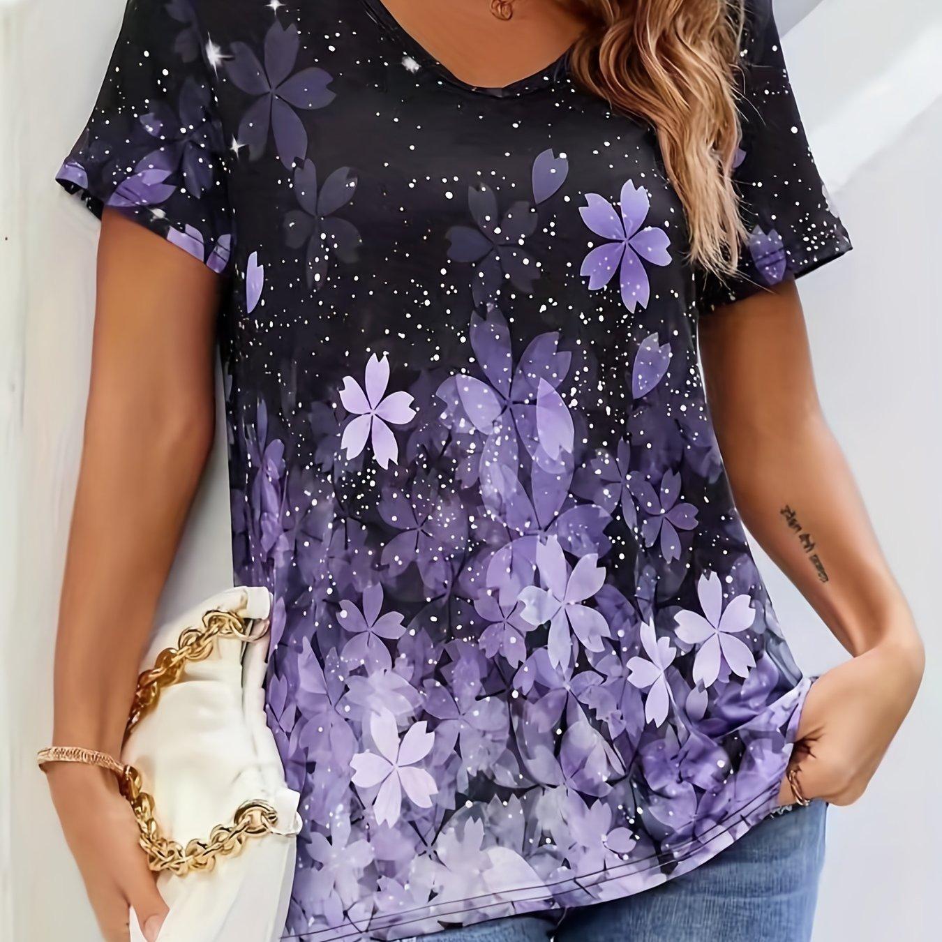 

Футболка с цветочным принтом, повседневная летняя футболка с V-образным вырезом и короткими рукавами, женская одежда 6XL