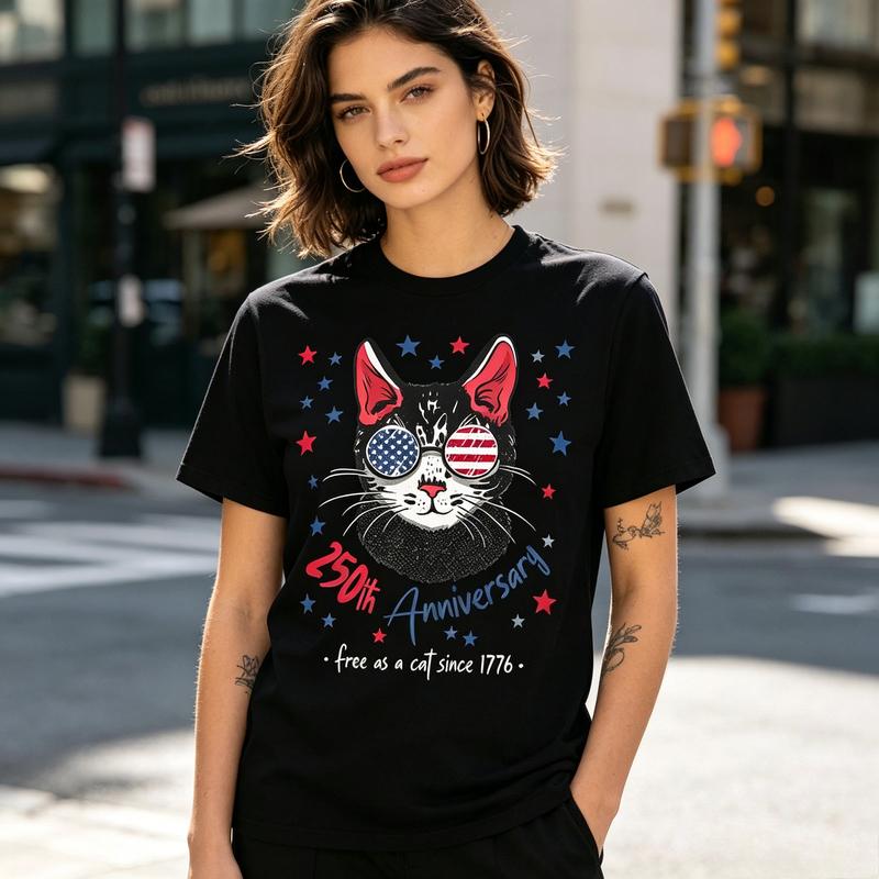USA 250th Anniversary 17762026 T Shirt Retro American Flag Cat Graphic Tee Unisex Unisex Soft 100 Cotton Crew Neck Short Sleeve