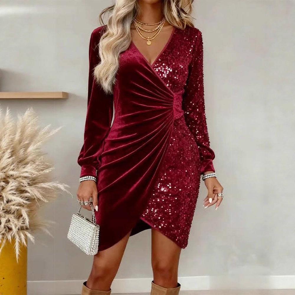 Dar Kesim Payetli Kadife V Yaka Elbise - 2025 Yeni Seksi Moda Avrupa & Amerika İçin