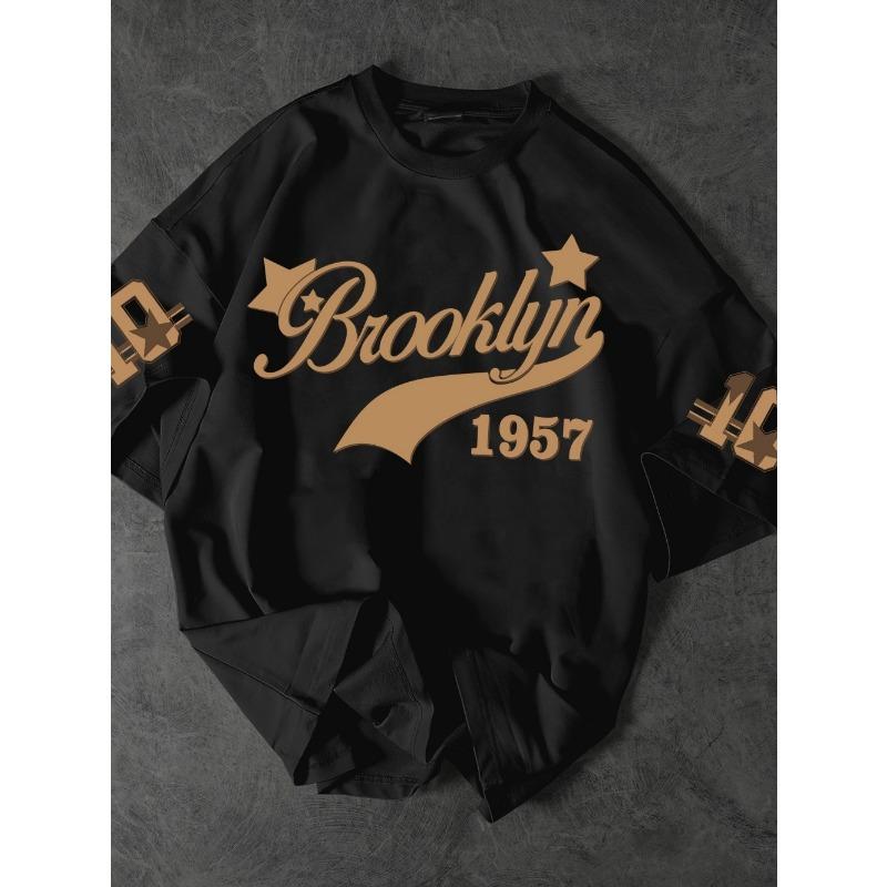 Fashionable Men s Summer 1957 Letter Printed Breathable Round Neck T-shirt Outdoor Urban Casual Top S