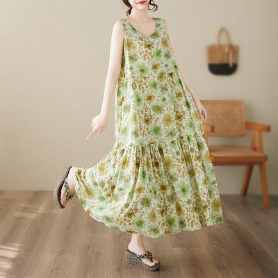 DIMANAF Plus Size Dress Summer Women Vintage Linen Elegant Style Sleeveless Floral Loose New Long Dress 8018