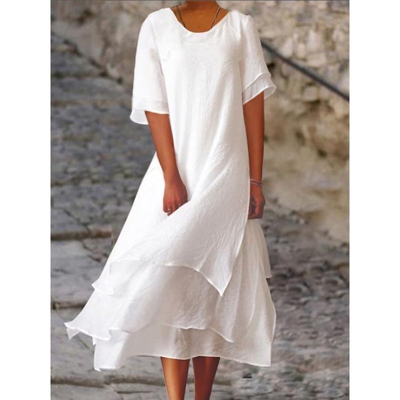 YYFS Moda Donna Estate Primavera Colore Solido Stampa Manica Corta Scollo a O Vita Larga Abiti Casual
