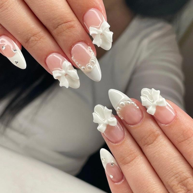 24Pcs Blush Pink Almond Press On Nails With 3D Bowknots Glossy Full Cover False Nail Tips Sweet For Women Girls
