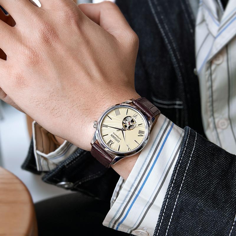CITIZEN Mechanical Movement Cow Leather Strap Watch Unisex Coffee Watch Dial NH9130-17A