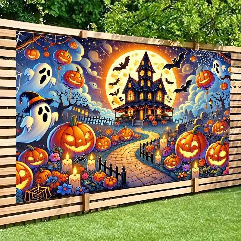 2D flat 8x6 feet Halloween background banner - Haunted house with pumpkin lanternszyc
