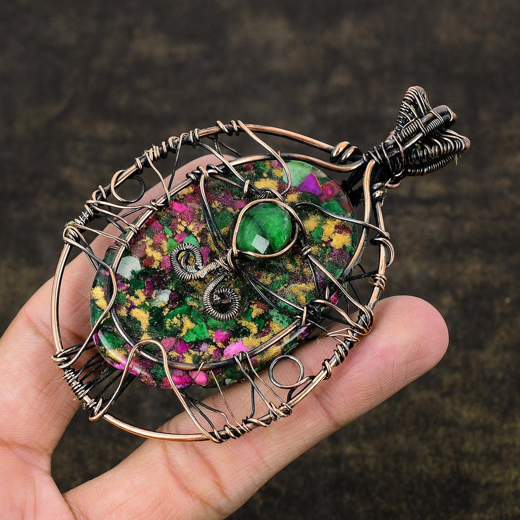 Copper Ruby in Zoisite  Ethnic Copper Wire Wrap Pendant 3.82" t6y44