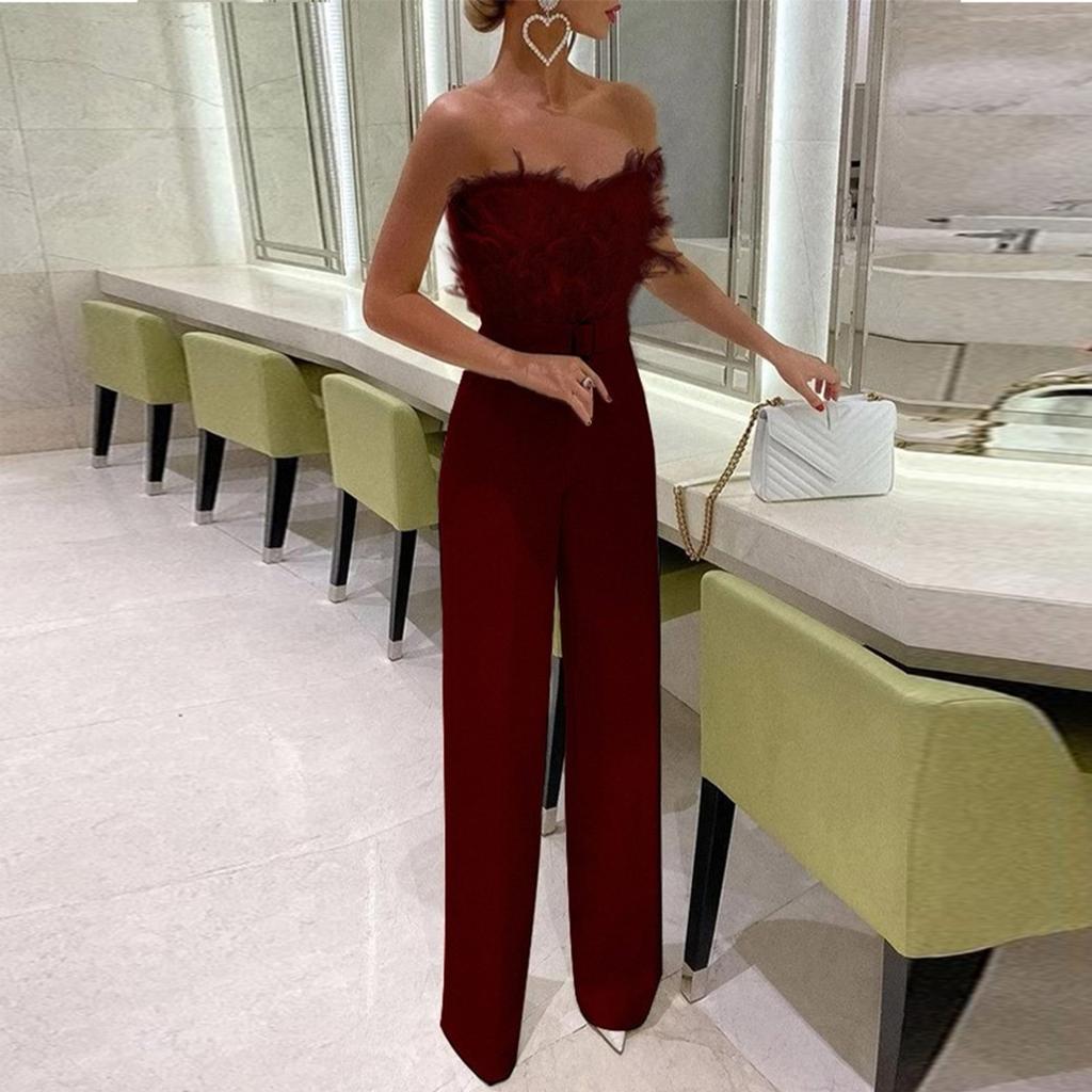 Women's Fashion Casual Feather Top Breast Sexy Sleeveless Jumpsuits