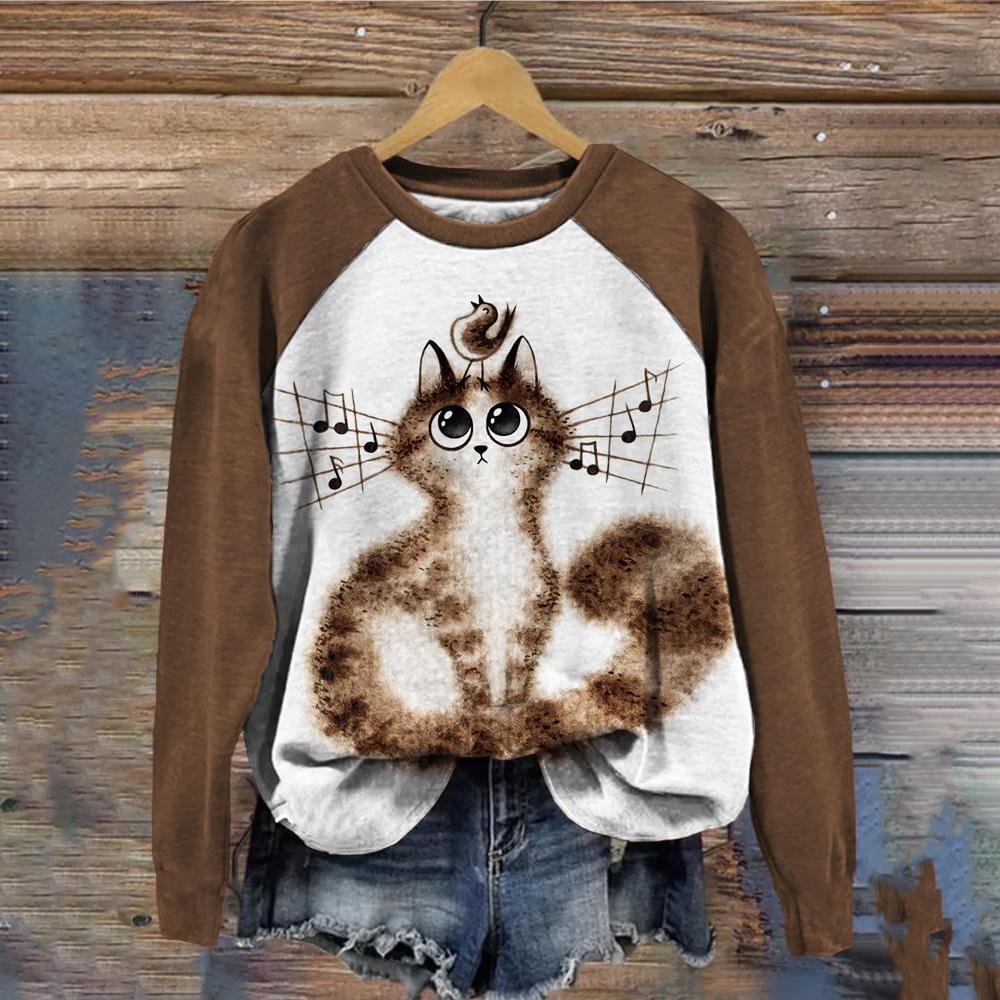 Cotton Long Sleeve T-Shirts For Women Funny Kawaii Cat Animals Print Sweatshirts Female Cute O-Neck Pullover Woman Sweatshirt