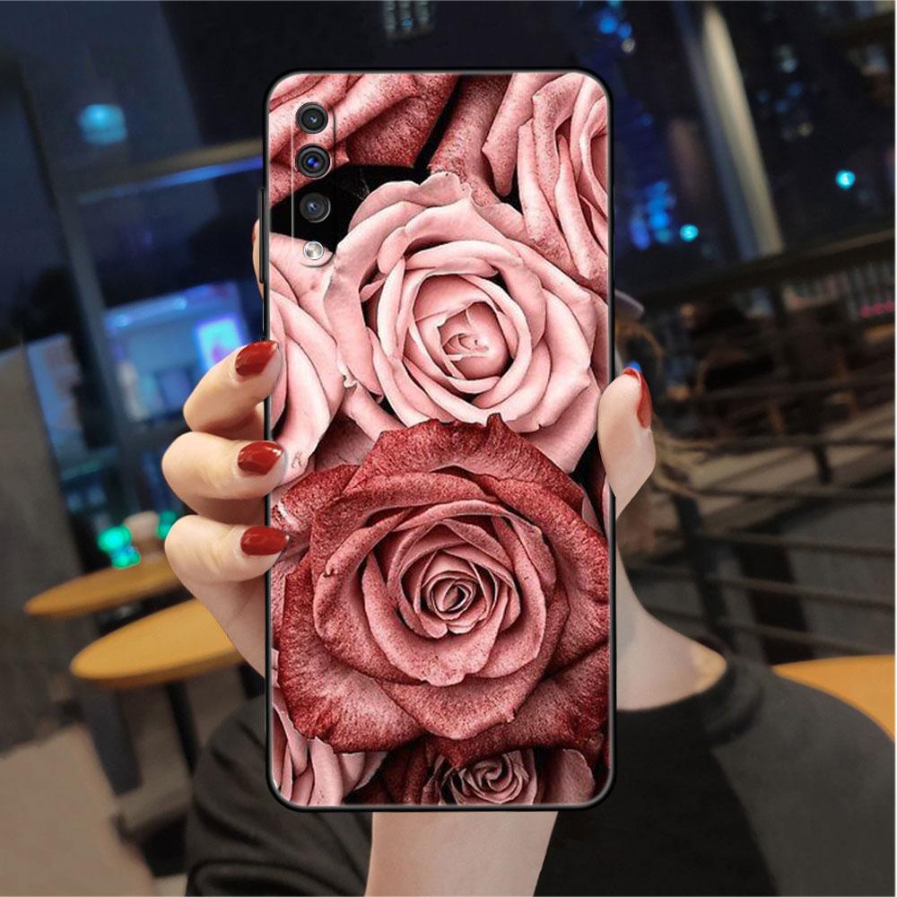 Case For Samsung Galaxy A50 A70 A30 A20s A20e A10 A40 A10s A10e M52 M51 M31 M30s M21 Black Phone Cover Bright Red Rose Flowers