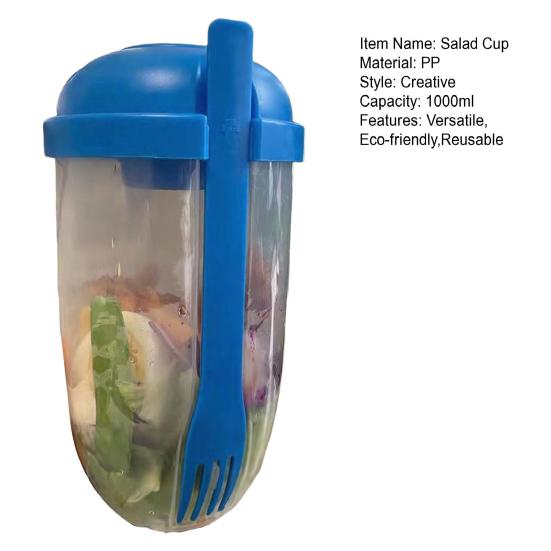 Wiederverwendbarer Salatbecher 1000ml Tragbarer Frischer Salatbehälter mit Gabel und Dressinghalter BPA-freier PP Salataufbewahrungsbecher für Mittagessen Picknick Camping