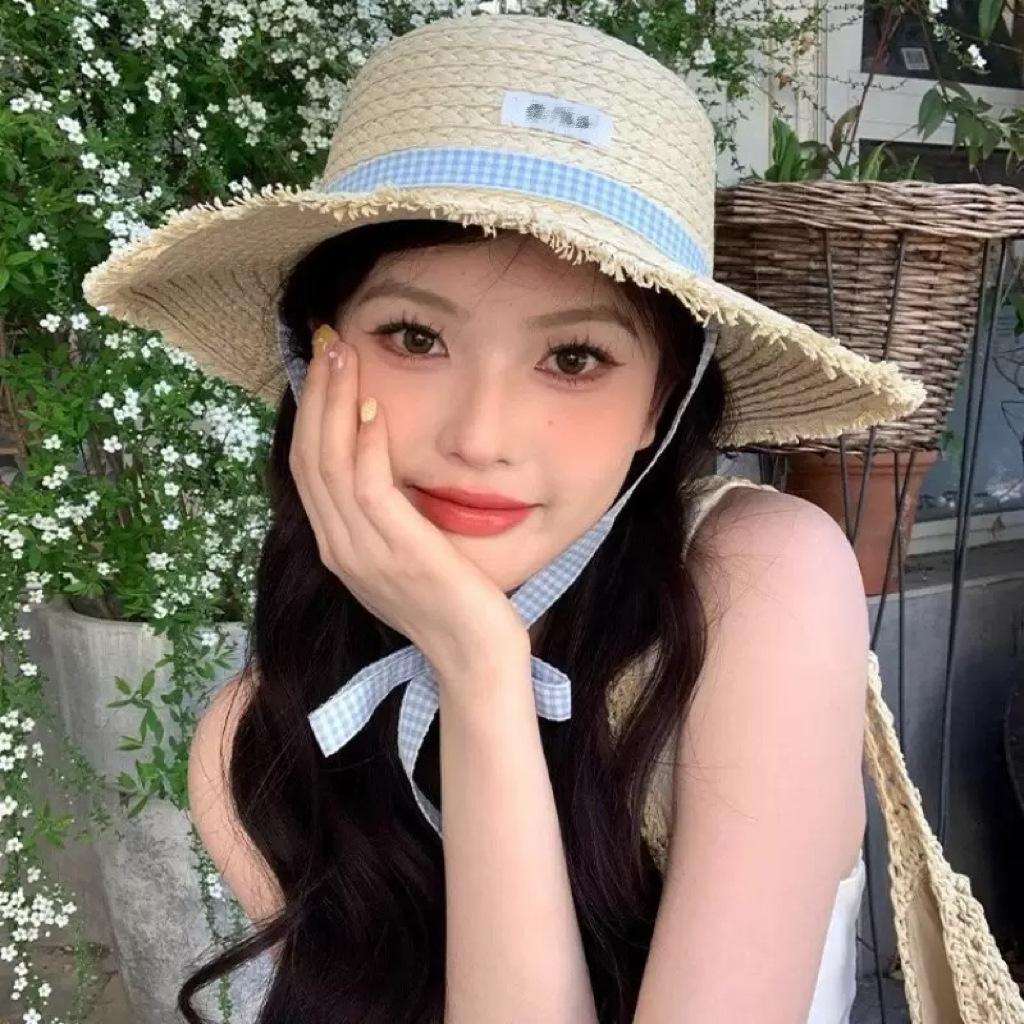 Lace straw hat women's summer bow large brim sunshade sun hat seaside vacation beach sun hat