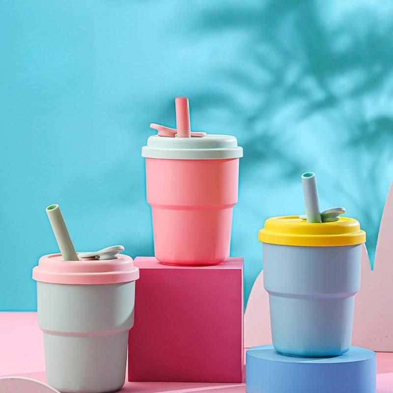 Macaron Colored 380ML Drinking Cup with Straw Leak Proof Lid Plastic Water Bottle For Travel Gym Daily Hydrations