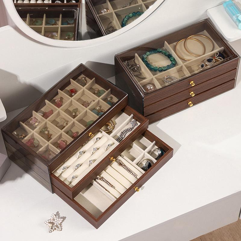 New Walnut Pattern Three-layer Drawer Jewelry Storage Box Ring Earrings Earrings Necklace Bracelet Jewelry Storage Box