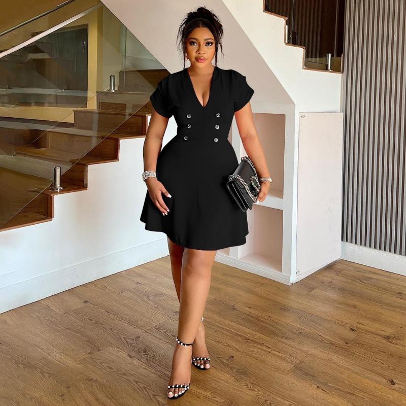 X6085 Plus Size Solid Color V Neck 3 4 Sleeve Dress For Women