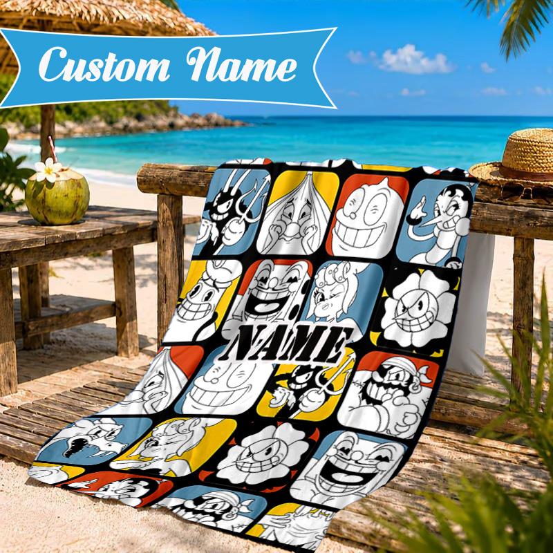 Custom Name Cuphead Microfiber Beach Towel, Quick-Dry, for Summer Travel, Beach Essential, Picnic Essentials, Swimming Pool