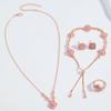 4PCS Diamond Clover Pink Bracelet Necklace Earrings Ring Set Niche Premium Light Luxury Women's