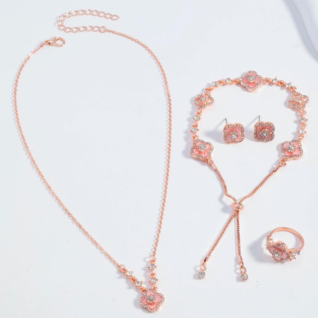 4PCS Diamond Clover Pink Bracelet Necklace Earrings Ring Set Niche Premium Light Luxury Women's