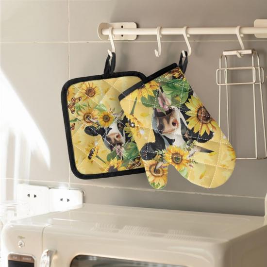 UNICEU Sunflower Cow Print Oven Mitts and Pot Holders Set of 4 Heat Resistant Kitchen Oven Mitts Gloves and Potholders for Baking Cooking Grilling