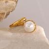 Elegant 18k Gold Stainless Steel Open Ring with Hammered Texture and Inlaid Pearl Bead