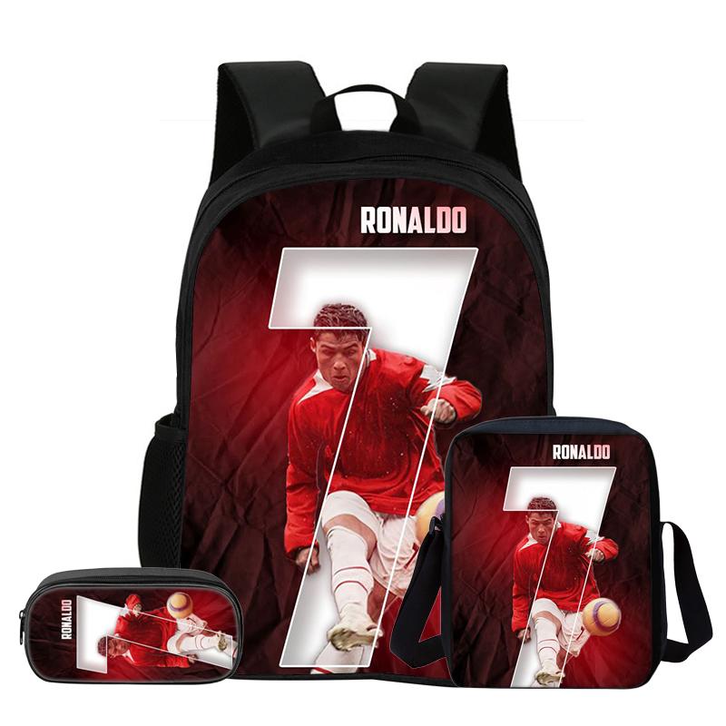 Set de 3 Piezas para Niños Mochila Estrella de Fútbol Estudiante Bolso de Hombro Escolar Bolsas para Lápices Ronaldo Mochila Escolar CR Mochila Mejor Regalo
