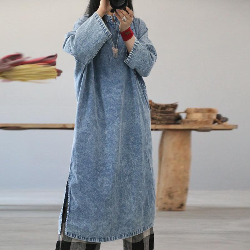 

Johnature Осеннее джинсовое платье с карманами, свободного кроя, с длинными рукавами, повседневное, винтажное, однотонное, на стойке с пуговицами, в китайском стиле, женские платья XL синий