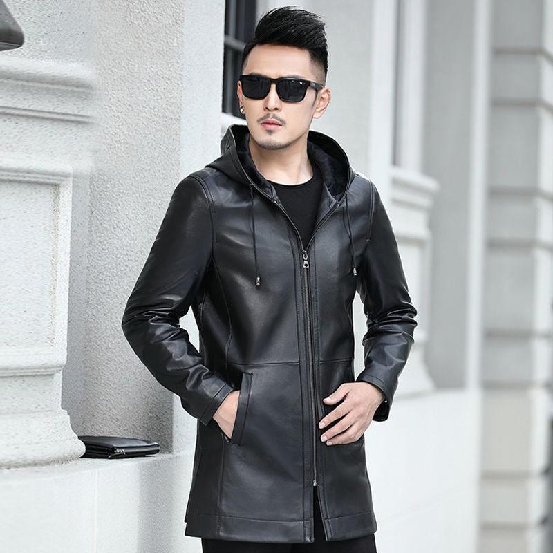 Spring New Leather Jacket for Men, Medium-length Hooded Windbreaker, Korean Style Trendy and Handsome Motorcycle Leather Jacket