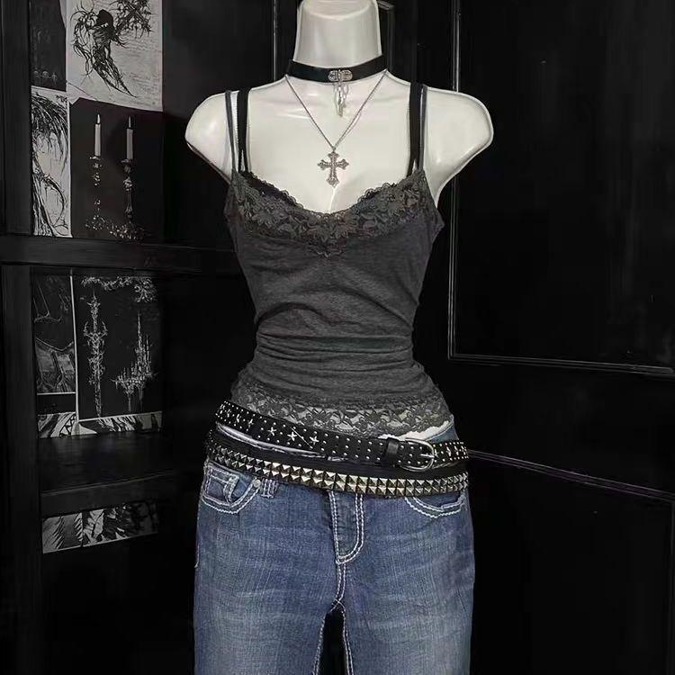 

Крутой панк Харадзюку кружевной однотонный Y2k майка повседневный хип-хоп топ без рукавов уникальный гранж гот кроп-топ уличная одежда жилет ретро S серый