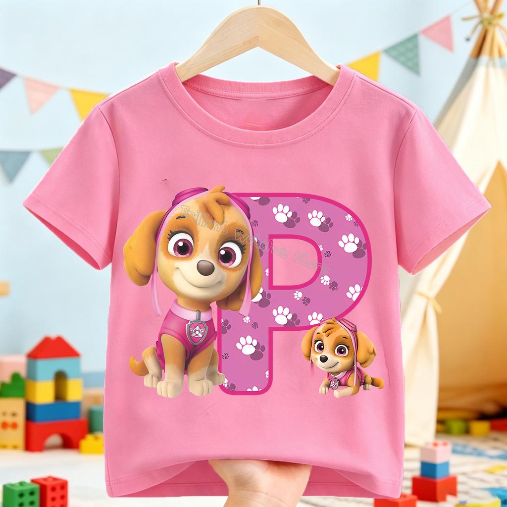 Paw Patrol Skye T-shirt for Children Cartoon A-Z Letter Tee Top Round Collar Clothing Girls Short Sleeve Kids Anime Clothes Gift