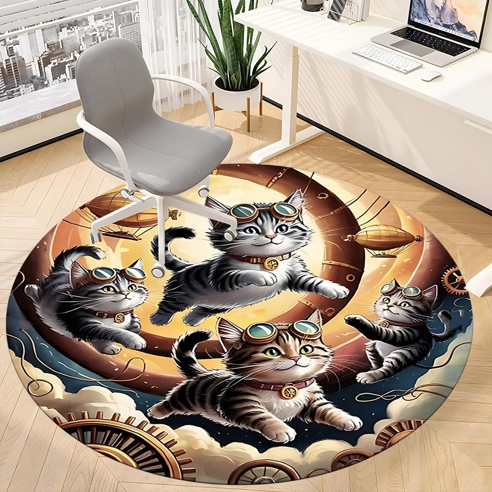 1pc Steampunk Cats Office Round Rug, Non-slip, Soft and Durable Office Rug for Interior Decoration, Perfect for Office, Beautiful Decoration Yy2603230
