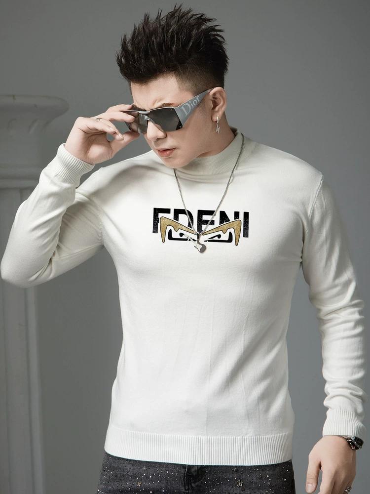 European Style Trendy Rhinestone Sweater for Men, 2025 Autumn New Half-Turtleneck Knitwear, Men's Warm Wool Sweater