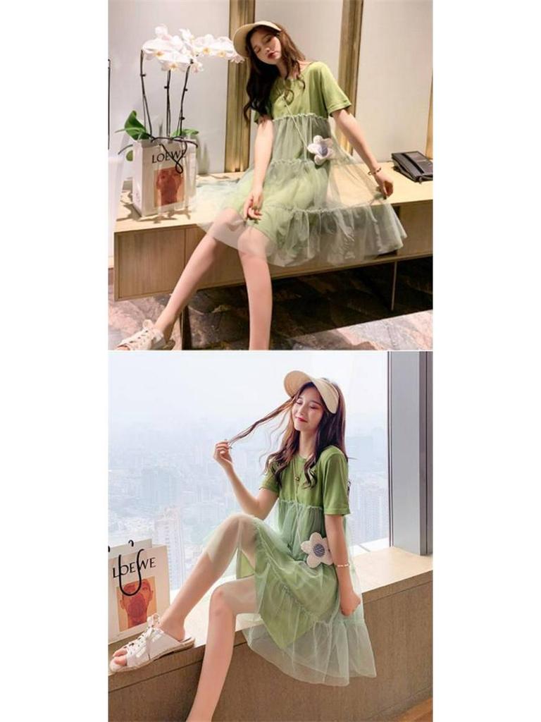 Summer 2023 Korean-Style Maternity Patchwork Dress – Loose Fit, Fresh, Sweet, and Fairy-Themed with Short Sleeves.