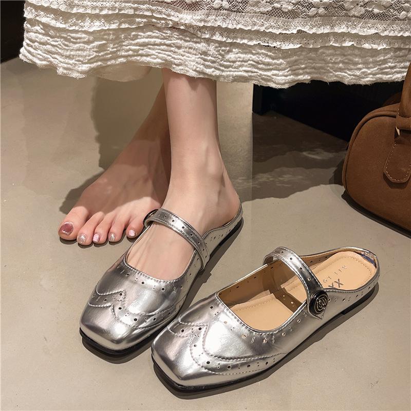 

2025 new summer outer wear bag head half slippers women s shoes soft sole soft surface one pedal silver Mary Jane single shoes 40 срібний