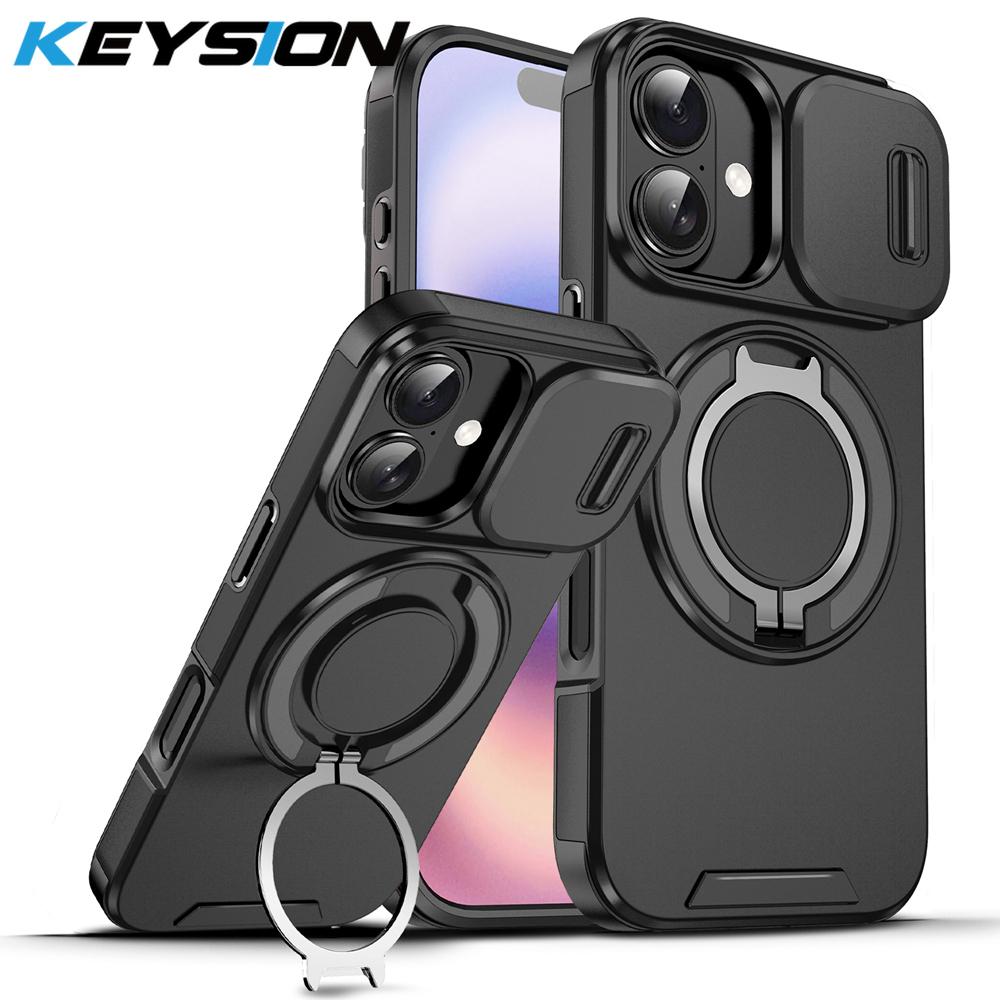 KEYSION 360° Rotating Ring Stand Phone Case for iPhone 17 Silicone+PC Slide Camera Protection Magnetic Shockproof Back Cover