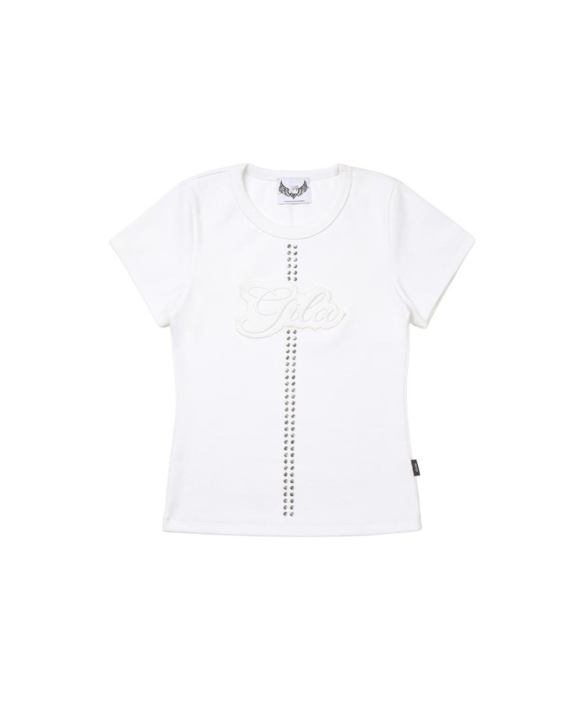 Gillaakaibeu Stud Patch Logo Dyed Crop T-Shirts_White