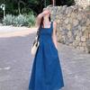 Summer blue fog love French denim dress women's summer niche design sense waist temperament suspender dress