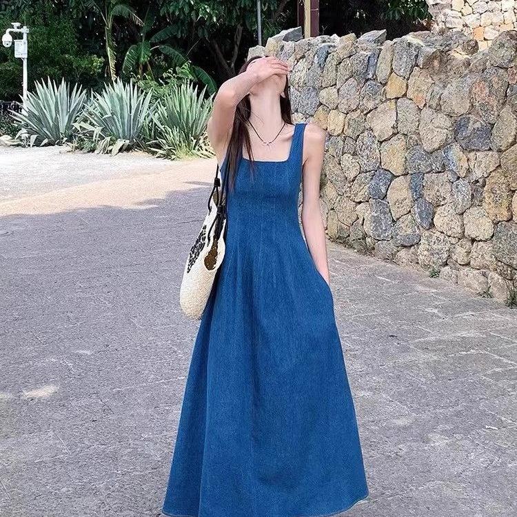 Summer blue fog love French denim dress women's summer niche design sense waist temperament suspender dress