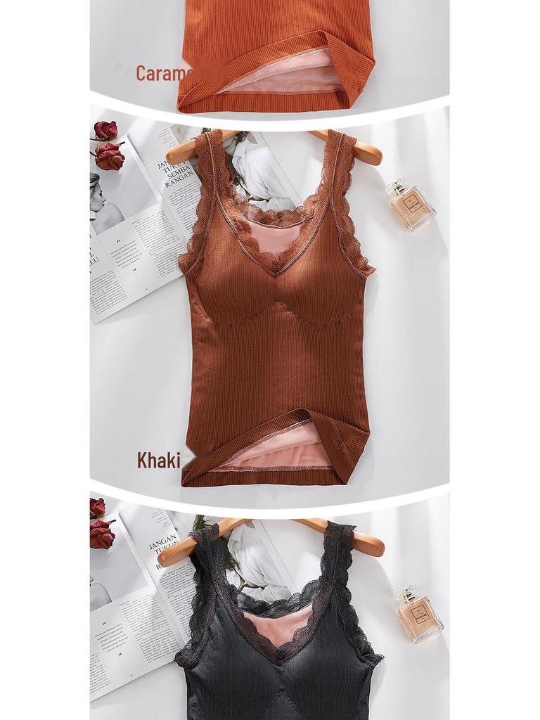 Women's Plus Size Thermal Lace Vest with Chest Pad & Suspenders - Autumn/Winter