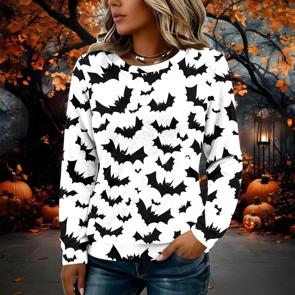 Women's Flannel Long Sleeve Top with Halloween Print Neck Pullover Shirt