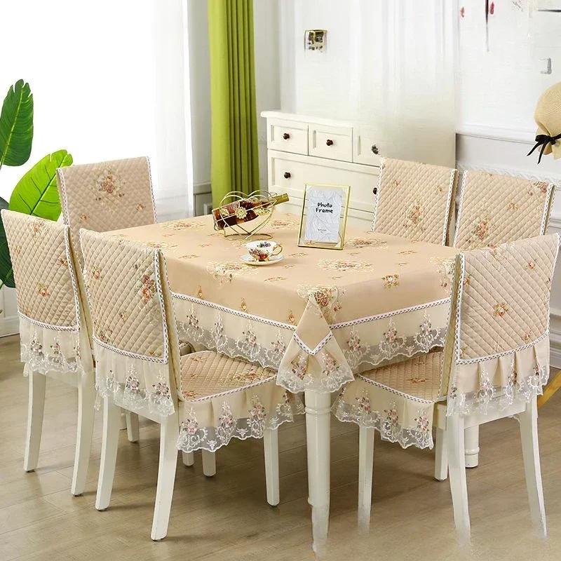 Capa de cadeira de renda ondulada com padrão de flores, toalha de mesa de jantar espessada, almofada, estilo europeu, grande, capa de cadeira de toalha de mesa com flores