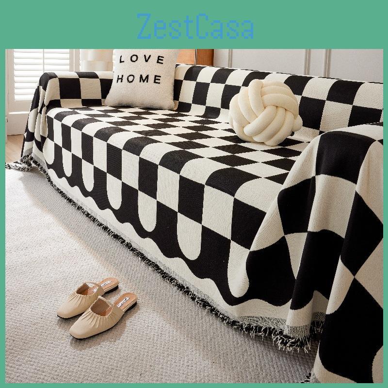 Chenille Black And White Chessboard Plaid Sofa Cushion Sofa Cover Four Seasons Universal Simple Black Cushion Backrest Towel Cover Cloth