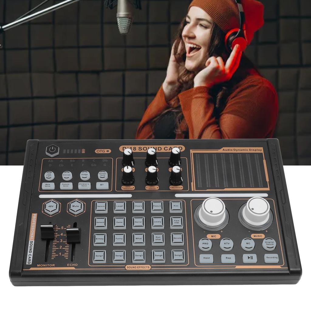 Sound Mixer Multi Sound Effects Noise Reduction Colorful Lights DJ18 Bluetooth Live Sound Card for 4