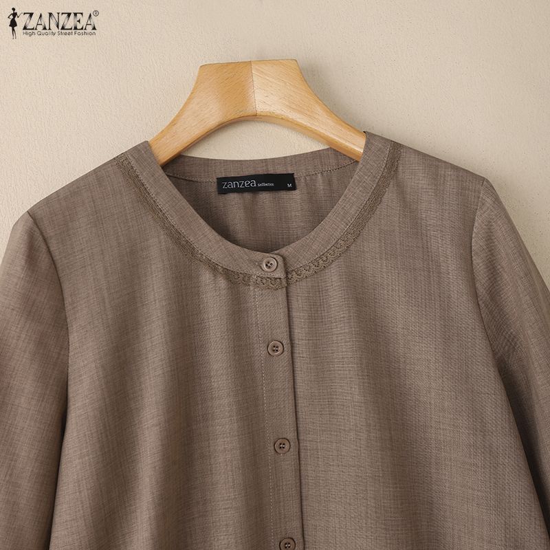 ZANZEA Women Casual Round Neck Solid Color Loose 3/4 Sleeve Blouse