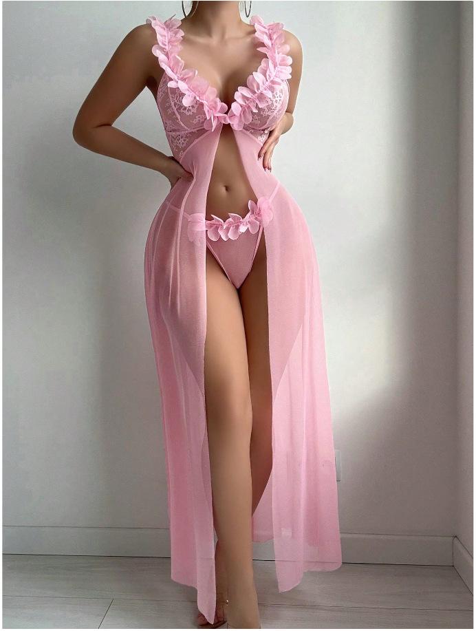 Europe and the United States popular flower suspender long skirt perspective mesh sexy underwear lace thong women