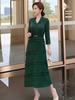 Elegant Spring High-End Miyake Pleated Green Long Dress - Waist-Cinched for Graceful Women